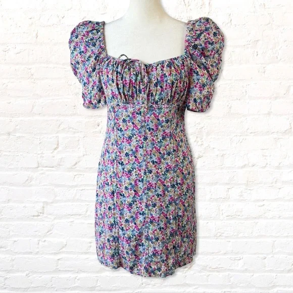 Astr The Label Floral Puff Sleeve Minidress in Blue Fuchsia Flora Small - Picture 3 of 7